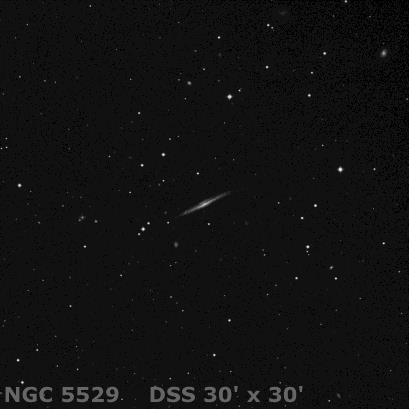 NGC 5529 Galaxia espiral Mag.: 11,9 B. superf.: Tamaño: 6,2 x 0,8 Distancia: 140 millones al. Constelación: Bootes Coordenadas: AR 14h 16m 18s DE +36º 09 25 Clase morfológica: Sc?