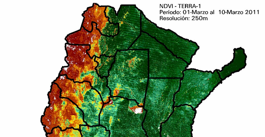 Índices de Vegetación E l Índice Verde (Terra-Modis resolución 250 m) correspondiente a los primeros 10 días de marzo muestra en tonalidades verdes las áreas con