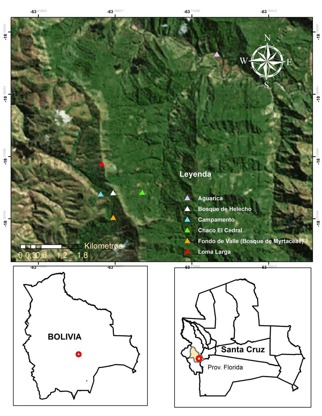Figura 1. Ubicación geográfica del área de estudio, con los sitios de muestreos establecidos en la localidad de Aguarica-El Cedral.
