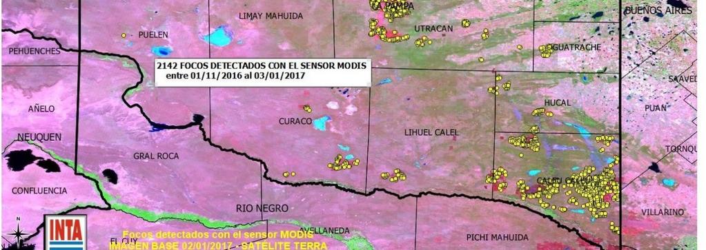 En la figura 1 se muestran todos los focos de calor detectados en La Pampa desde el primero de noviembre del 2016 al 3 de Enero del 2017. Se puede acceder a esta información desde: http://sepa.inta.