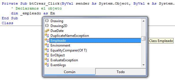 Lo primero es declarar una variable (usando el operador Dim) para almacenar el objeto y se tiene: