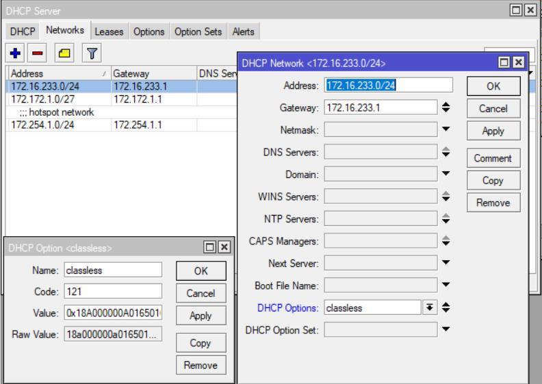 DHCP Server opción 121 Envío de Rutas Formato: