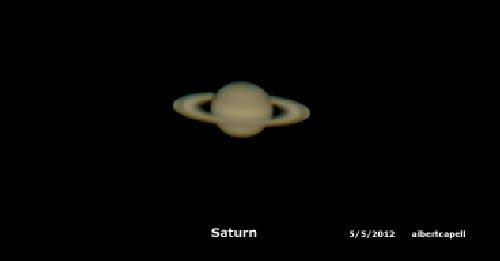 Saturno Albert Capell obtuvo esta espectacular imagen del Señor de los Anillos, Saturno. Fue realizada el 5 de Mayo de 2012 desde su observatorio de Barcelona, 20 días después de su oposición.