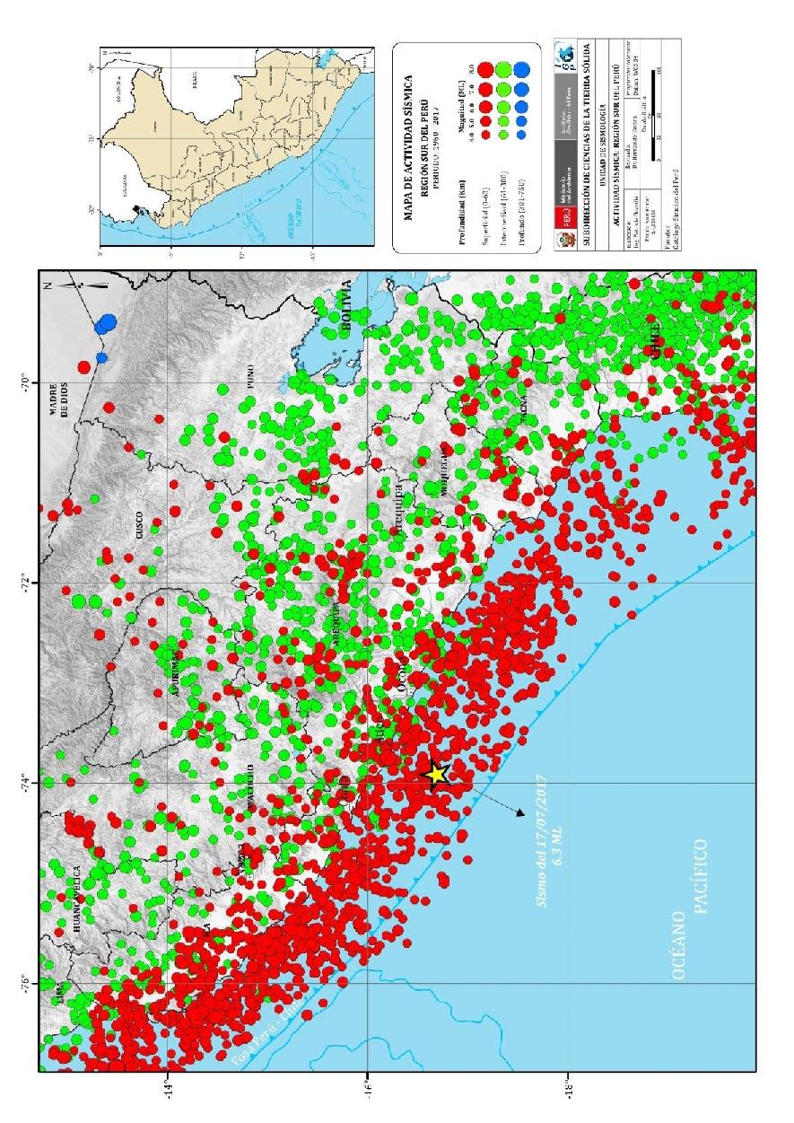 Figura 2.- Distribución espacial de la sismicidad en la región sur del Perú. La profundidad de los sismos es indicado con el color de los símbolos.
