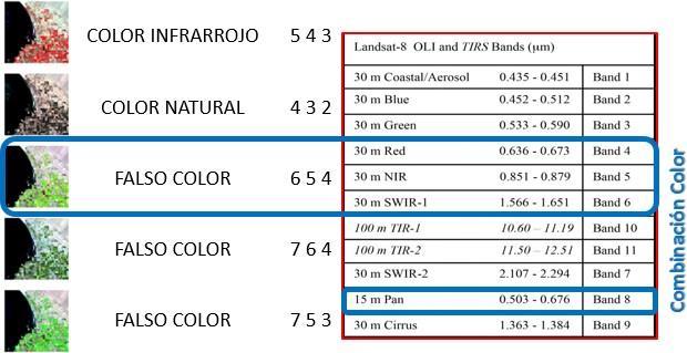 La combinación color que utilizamos es la 6-5-4 o Falso Color, en la que utilizamos las bandas del Infrarrojo de Onda Corta, el infrarrojo Cercano y el Rojo, ya que es la que mejor representa