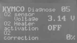 La pantalla muestra: tensión del sensor O2, condiciones de funcionamiento del