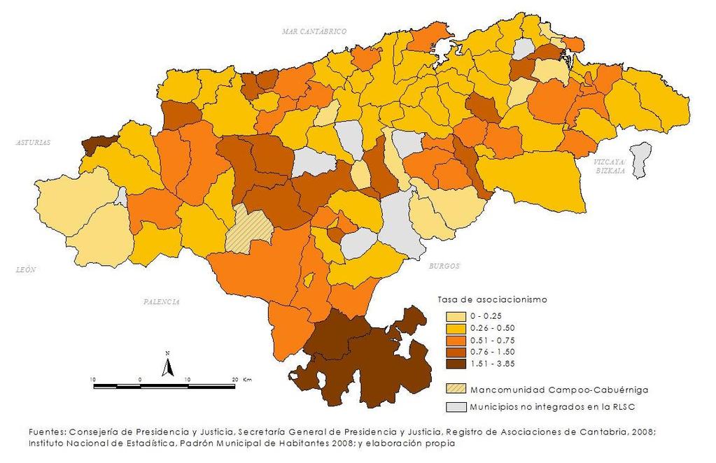 Figura 121. Tasa de asociacionismo, 2008. (%) En el año 2010 se registra un aumento generalizado de la tasa de asociacionismo en los municipios cántabros.
