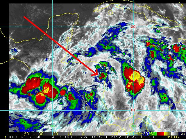 c) 5 de Octubre a las 1815UTC d) 5 de Octubre a las at 2115UTC Figura 2 Imagen infrarroja mejorada sobre el mar Caribe occidental, captadas en diferentes momentos.