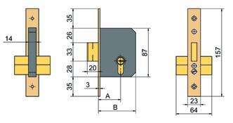 Têtière bouts carrés/ronds: inoxidable. Gâche bouts carrés/ronds: inoxidable. Cylindres: profil européen traditionnel - serie C0 (60=30+30mm.) - panneton 15mm. A (mm.) 40 B (mm.) 67 Kgs. 0,698 ref.