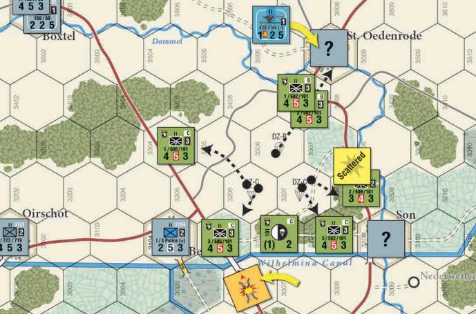 Envía dos batallones hacia Oedenrode y ataca durante el movimiento, al revelarse se trata de una unidad Flak 1-2-5. Como es una unidad de vehículos no dobla su factor de defensa en hex de pueblo.