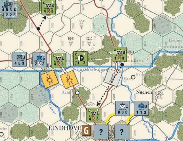 El aliado captura el hex y la unidad alemana se retira dos hexes y queda desorganizada. volverla a fuerza completa y el marcador de reemplazos de la 101ª baja una casilla en el registro de reemplazos.