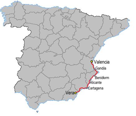 Tiene su origen en la A-7, en la salida 537, junto a la población de Vera en Almería como carretera autonómica RM-332, hasta la región de Murcia, y continúa desde la población de Águilas en Murcia