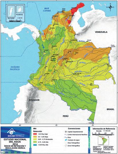 Figura 5-3 Índice de retención y regulación hídrica (IRH) en Colombia.