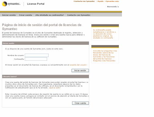 1. Para crear una nueva cuenta del Portal de Licencias de Symantec, haga clic en Crear cuenta.