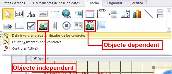 El control Marco de objeto dependiente insereix un objecte associat als registres de la taula.