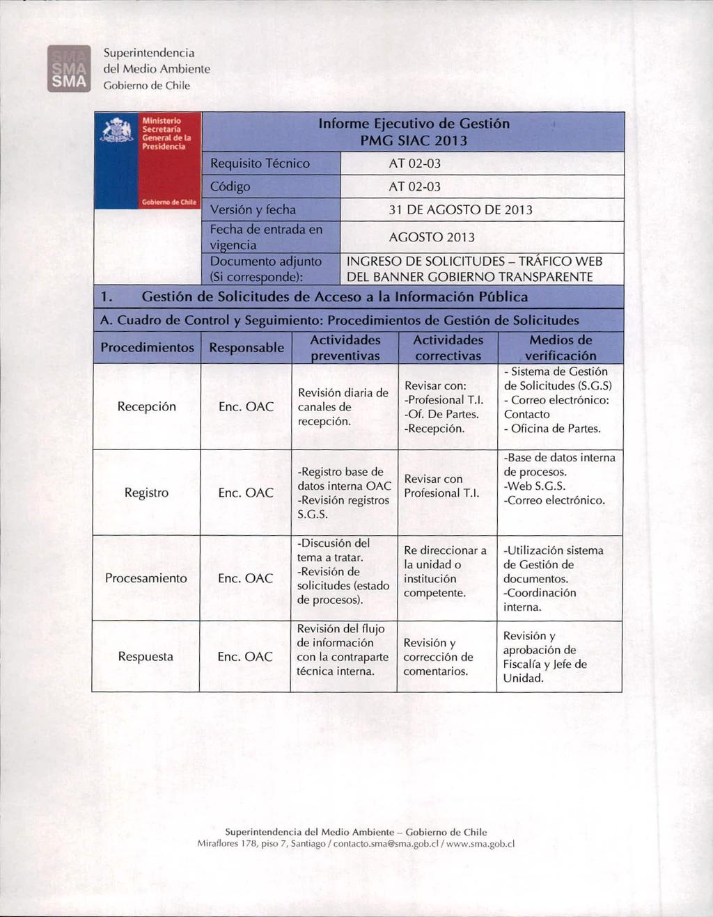 Superi ntendencia Gohierne) (fe Chile Requisito Código Técnico Informe Ejecutivo de Gestión PMG SIAC 2013 AT 02-03 AT 02-03 1.