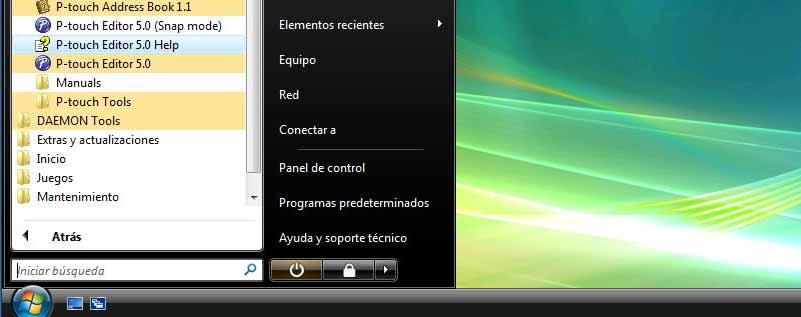 Iniciar la ayuda de P-touch Editor En esta sección se explica cómo iniciar la ayuda de P-touch Editor en Windows. A continuación verá el ejemplo de Windows Vista o Windows 7.