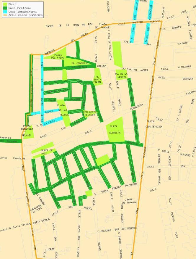 4.3.1. Tráfico peatonal El casco histórico de Elche es un ámbito con calles principalmente peatonales, como se puede comprobar con los datos recogidos en el PMUS de Elche. Figura 24.