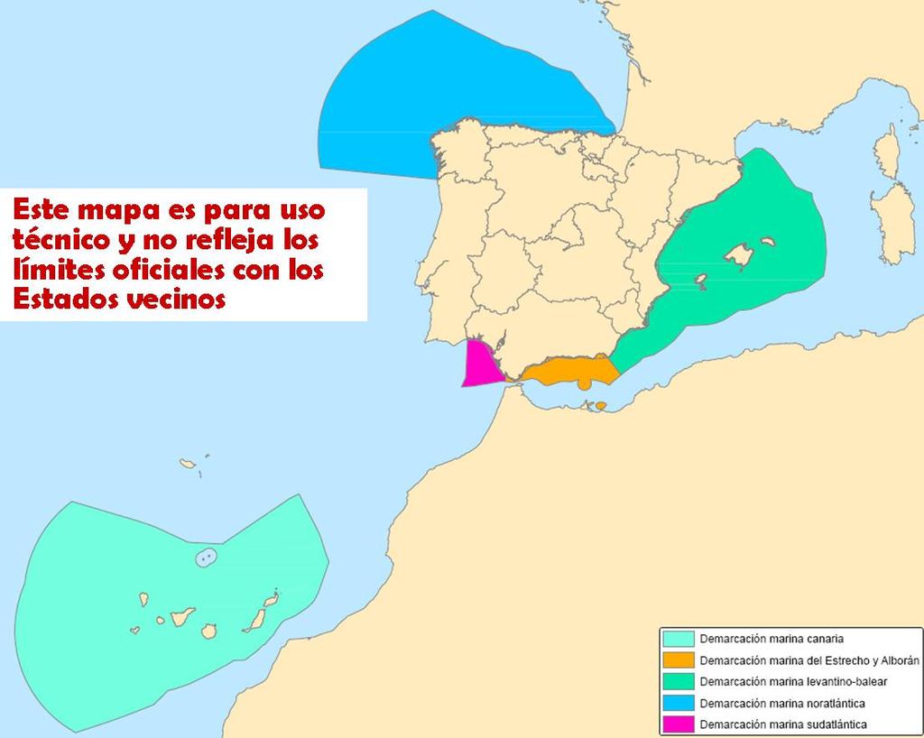 Demarcación marina levantino-balear: incluye el medio marino bajo soberanía o jurisdicción española comprendido entre la línea imaginaria con orientación 128º respecto al meridiano que pasa por el