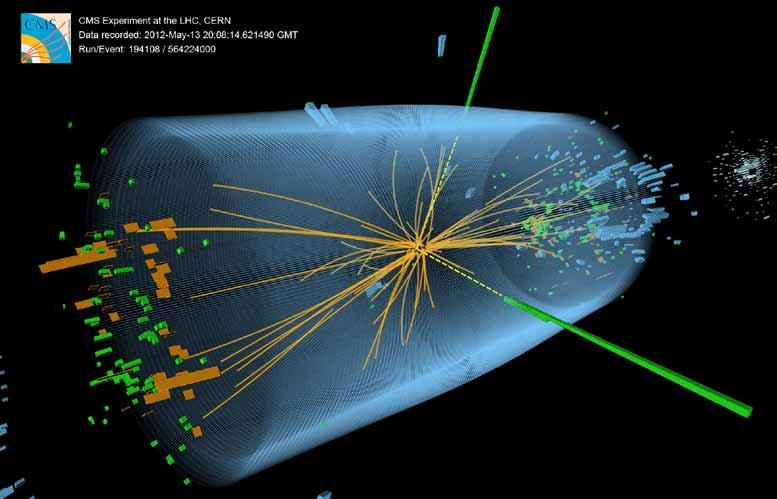 Figura 2. Evento observado por CMS candidato a la desintegración de un bosón de Higgs en dos fotones.