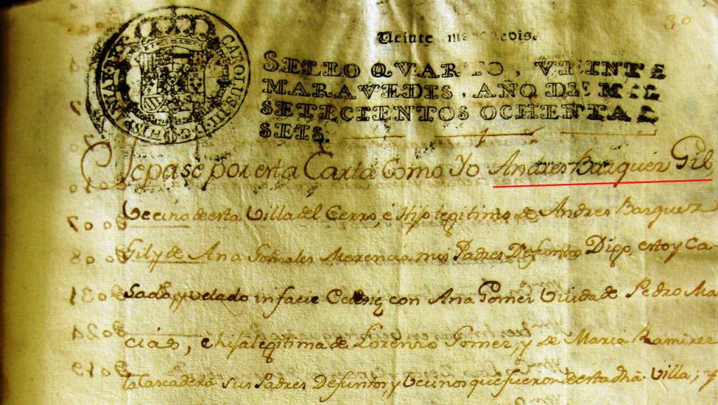 Doc. nº 1.- Carta dotal de Andrés Vázquez Gil. (A.P.N.E.C.) 1786.
