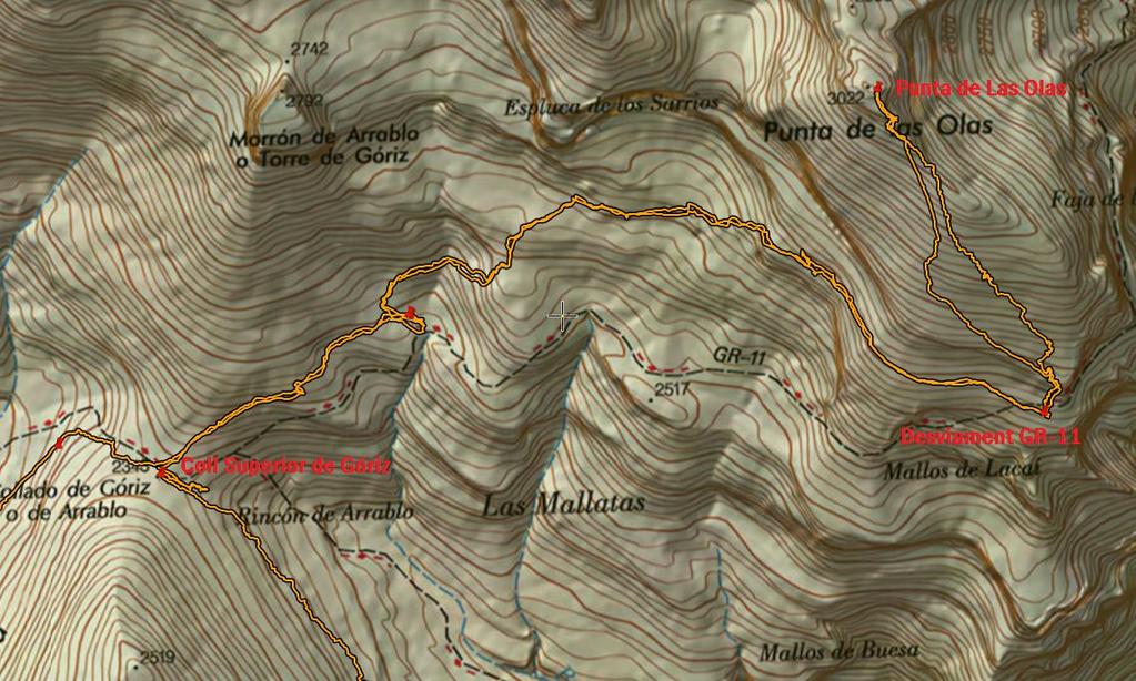 06:00 hores Coll Superior de Góriz Mapa del tram entre el Coll Superior de Góriz i la Punta de Las Olas Abans d arribar al Coll Superior de Góriz segurament ja haurem trobat marques del GR-11.