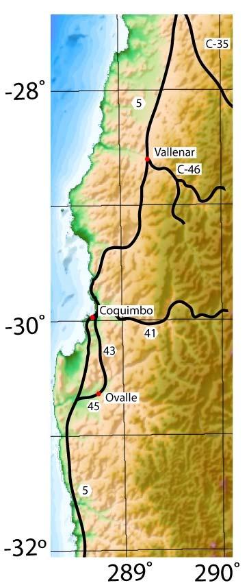 1.3 Ubicación y Accesos La zona de estudio se encuentra entre la III Región de Atacama y la IV Región de Coquimbo, entre los 27º40-31º30 S y los 70º30-70ºW.