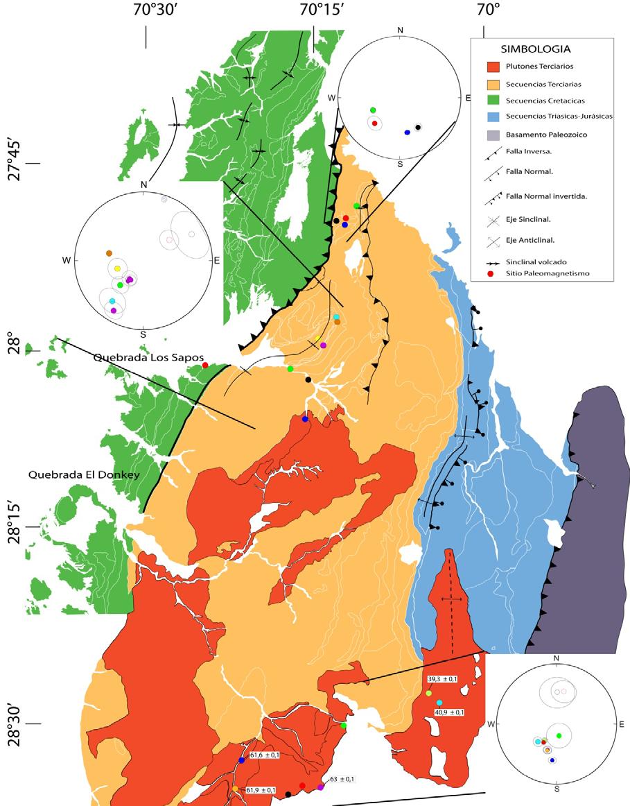 Figura 27. Mapa geológico de la zona del norte de Vallenar, los datos paleomagnéticos se muestran en estereogramas por sector y asociados por color a su locación en el mapa.