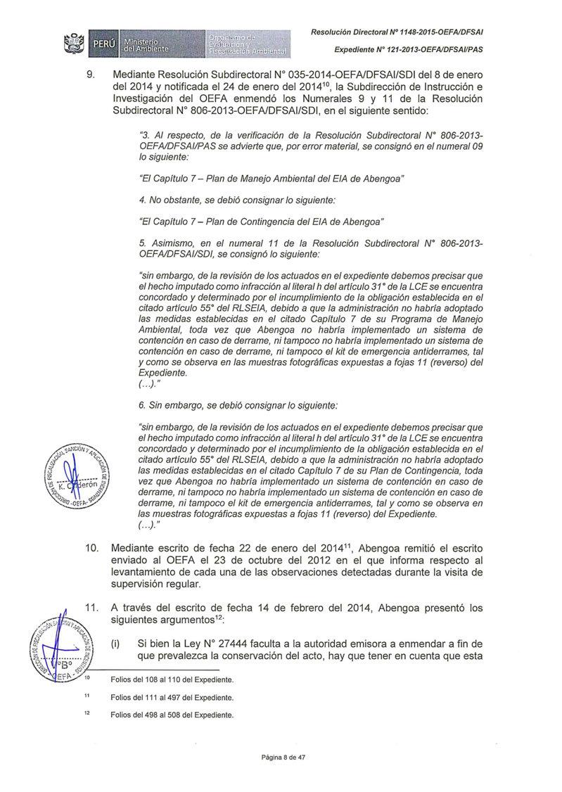 Resolución Directora/ N 1148-2015-0EFAIDFSAI Expediente Nº 121-2013-0EFAIDFSAIIPAS 9. Mediante Resolución Subdirectora!
