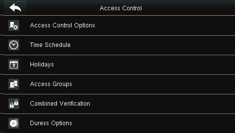 Control de Acceso 67.La opción Control de Acceso se usa para establecer los horarios, Días festivos, Grupos de Acceso, Verificación combinada etc.