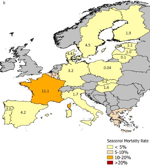 Al igual que en España, la mayoría de los Estados Miembros, 13 de 16, presentaron mortalidades inferiores al 5% (figura 15).