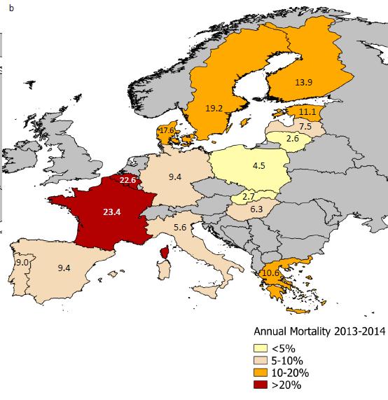 Figura 20: EPILOBEE: Mortalidad anual en Europa 2013-2014 (LAURENT Marion et al 2015).
