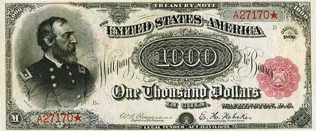 Subastan billete de mil dólares del siglo XIX por cifra récord: La casa Heritage subastó el pasado mes de enero un billete de 1,000 dólares de 120 años de antigüedad por una cifra récord de 3.