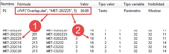 Ejemplo La función =fvf("overlap.dat", "MET-202Z25", 5) está en el cuadro Fórmula en el cuadro de diálogo Variables. La función obtiene el valor 16.0 para el perfil MET-202Z25, del archivo Overlap.