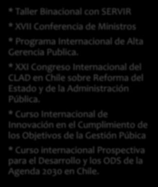 INVESTIGACIÓN EVENTOS ACADÉMICOS DESAFÍOS 2016-II * Taller Binacional con SERVIR * XVII Conferencia de Ministros ESAP- ECUADOR ESAP- CHILE * Programa Internacional de Alta Gerencia Publica.