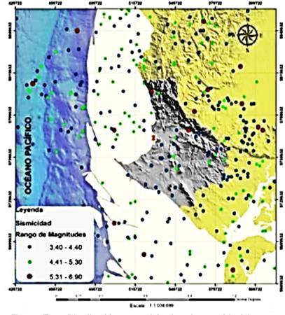 Fig. 2.- Distribución espacial de sismos históricos e instrumentales para provincia de santa Elena y Golfo de Guayaquil. Los datos de sismos han sido obtenidos desde los catálogos NEIC, CERECIS.