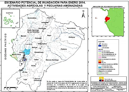 Fig. 4.- escenario potencial de inundaciones para enero 2014, Fuente: Secretaria de Gestión de Riesgos En el Ecuador existen regiones en donde se concentran las inundaciones. El mapa Fig.
