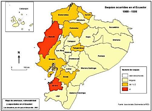 Fig. 6.-Mapa de las sequias en el Ecuador En la figura N 7 indica las zonas potencialmente expuestas a las sequías.