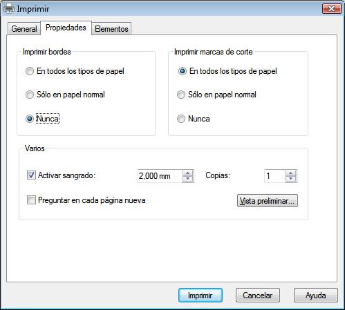 Impresión del documento El área Imprimir bordes contiene las siguientes opciones de configuración: Ventana Imprimir, ficha Propiedades Botón de opción En todos los tipos de papel Botón de opción Sólo