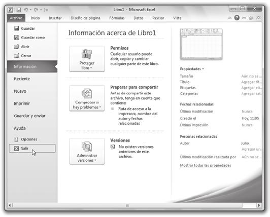 Excel 2010 Para salir de Microsoft Excel se pueden utilizar diferentes alternativas: 1. Seleccionar la opción Salir de la ficha Archivo. 2. Utilizar el botón Cerrar de la ventana de Microsoft Excel.
