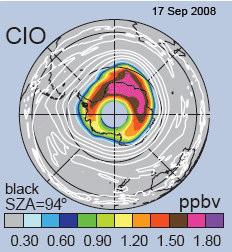 Figura 18 La Figura 18 muestra la cantidad de CIO el 17 septiembre de 2008. El sector de 0-90 E tiene particularmente una cantidad elevada de CIO. Algunas áreas exceden los 1.65 ppb.