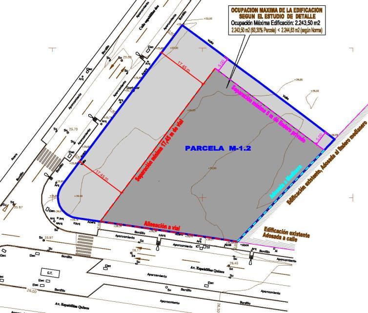 243,50 m2 de superficie, que se corresponde con el 60,30 % de ocupación de la parcela M-1.2 (de 3.