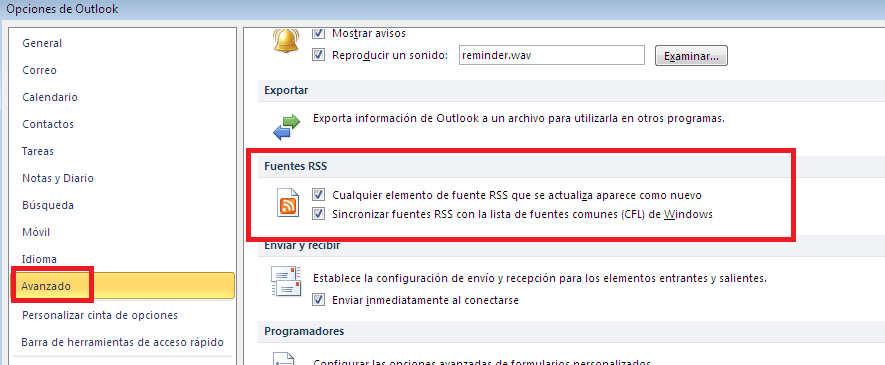 Se podrán agregar fuentes RSS manualmente en Outlook pinchando en el apartado Fuentes RSS - agregar una nueva fuente RSS y pegando la url de la