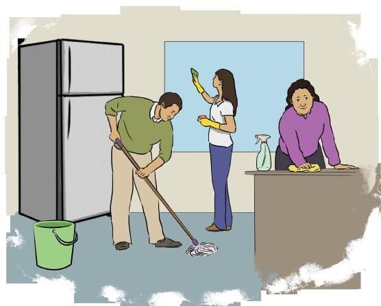 CARTILLA Nº 17 CONTENENCIA Y UNIÓN DE CONJUNTOS Juana, Mario y Rosa comparten las tareas de limpieza y arreglo de su hogar. 1. Observe la imagen, distinga los miembros de la familia, los elementos de limpieza y electrodomésticos que encuentre.