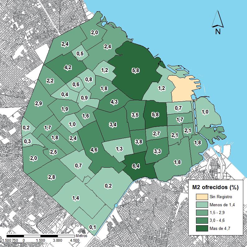 Mapa 1.3 Distribución porcentual de los m 2 de terrenos ofrecidos en venta, relevados en los barrios de la Ciudad de Buenos Aires, 2014.