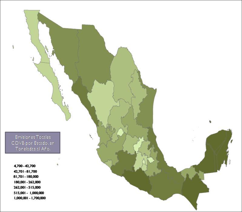 suelos se cuantificaron en 1,140,396 toneladas al año; el estado con mayores emisiones de COVB es Campeche con el 12.4% del total y de NOx en el caso de Veracruz, con el 10.