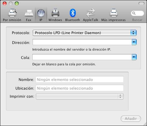 IMPRESIÓN DESDE MAC OS X 19 PARA AÑADIR UNA IMPRESORA CON LA CONEXIÓN DE IMPRESORA IP 1 Haga clic en el icono IP del cuadro de diálogo. Aparece el panel IP.