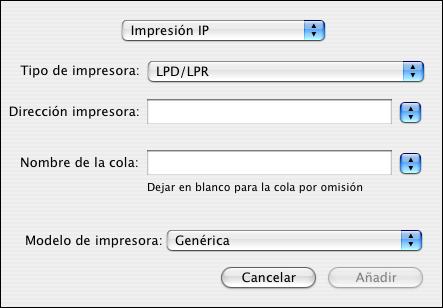 IMPRESIÓN DESDE MAC OS X 27 PARA AÑADIR UNA IMPRESORA CON LA CONEXIÓN LPD/LPR 1 Seleccione Impresión IP en la lista. Aparece el panel Impresión IP. 2 Seleccione LPD/LPR en la lista Tipo de impresora.