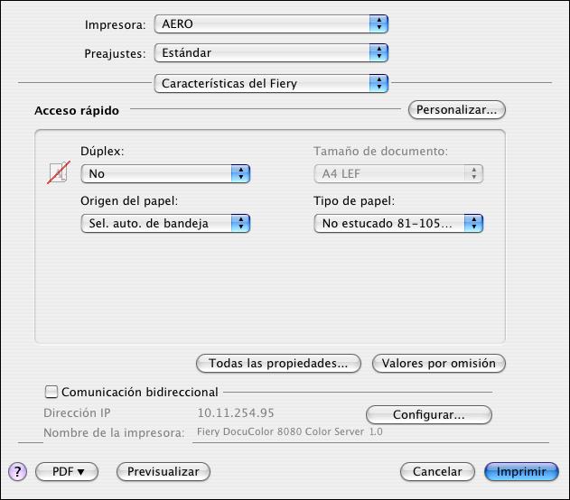 IMPRESIÓN DESDE MAC OS X 33 7 Seleccione Características del Fiery en la lista desplegable.