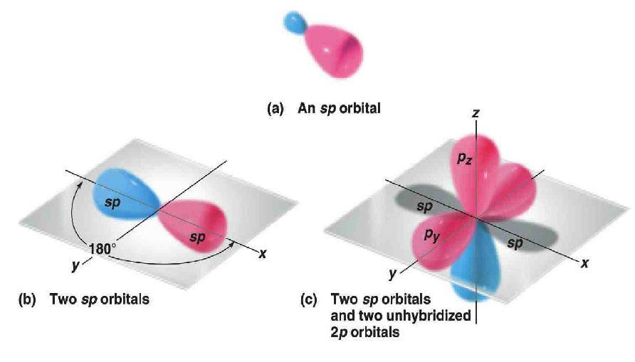 Orbitales sp Dos lóbulos de distinto tamaño en un ángulo de 180 Los orbitales no hibridizados 2p están perpendiculares entre sí y perpendicular a